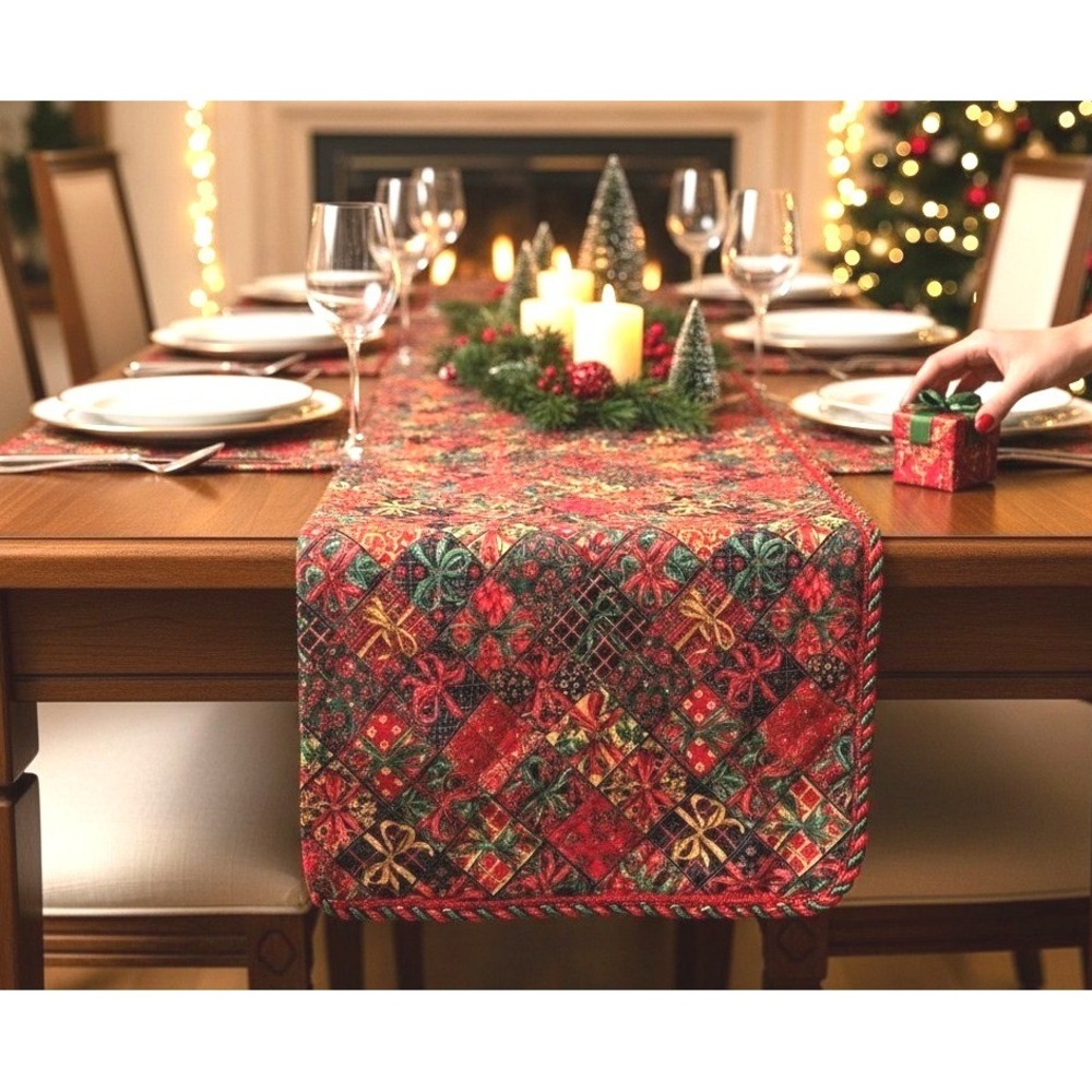 Christmas Table Runner OS Red Holiday Gift Box Bow Print Reversible